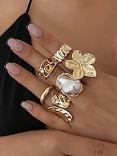 preiswerte Damenringe-6-teiliges Vintage-Goldring-Set für Damen mit Perlen-, Blumen- und Edelsteinakzenten – modische Statement-Legierungsringe für Partys und den Alltag