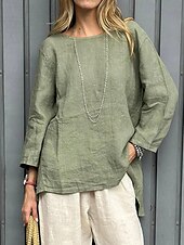 preiswerte Hemden-Damen Bluse Einfarbig Vintage Lässig Boho Langarm Rundhals Normale Oberteile Täglich Wochenende Patchwork Weiß Gelb Rote Himmelblau Khaki Frühling, Herbst, Winter, Sommer