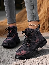 cheap Combat Boots-Women&#039;s Tie-Dye Canvas Work Boots with Chunky Sole – Casual Lace-Up Outdoor Boots for Harvest Festival, Farm Work and Fall Outings