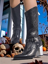 levne Pro ženy-Dámské kovbojské boty v západním stylu s vyšívanými plameny - robustní podpatek, černohnědé gotické boty do půli lýtek na Halloween, hudební festivaly a rodeo.