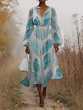 preiswerte Blumenkleid-Damen Midikleid Freizeitkleid Chiffon Schwingkleid Modern Urlaub Täglich Wochenende Normale Passform Feder Langarm V Ausschnitt Weiß Blau Leicht Blau Sommer Frühling Herbst