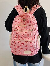 economico Zaini per Università-Set di 3 zaini scolastici per ragazze adolescenti: zaino in tela leggero con stampa di un grazioso fiocco rosa, borsa a tracolla di grande capacità e astuccio per matite, perfetto per la scuola, i viaggi e l&#039;uso quotidiano.