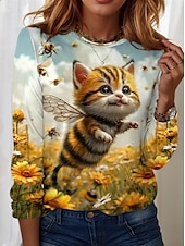 abordables T-shirt Animaux-Femmes T-shirt Fleuri Graphique Chat ancien Élégant Classique manche longue Col ras du cou Col rond Hauts Réguliers Quotidien Week-end Imprimé Jaune Bleu Kaki Printemps Automne