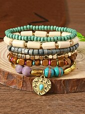 economico Bracciale da donna-Set di braccialetti con ciondoli a strati con perline boho da donna: bracciali in legno, turchese e pelle scamosciata in stile vintage con ciondoli a forma di foglia e geometrici, ideali per abbigliamento casual, festival e vacanze al mare