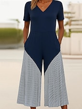 abordables combinaison de vacances-Femmes Normal Combinaison Streetwear Rayé Manche Courte Jambe large Col en V Avec Poches Imprimé Rue Quotidien Coupe régulière bleu marine Été