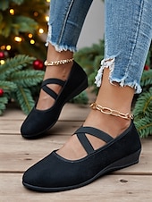 preiswerte Ballerinas für Damen-Rote Damen-Ballerinas aus Wildlederimitat mit gekreuzten Riemen – bequeme Mary-Jane-Schuhe mit niedrigem Keilabsatz für Weihnachtsfeiern, Herbstoutfits und entspannte Wochenendspaziergänge