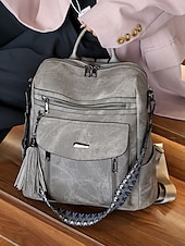 abordables Sacs à Dos de Mode-Sac à dos convertible en similicuir pour femme – Sac à bandoulière vintage multi-poches avec pompon pour les déplacements quotidiens, les voyages et le travail