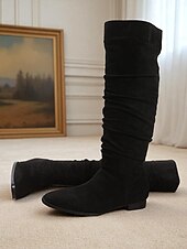 olcso Slouch Boots-női bő, térdig érő, lapos csizma - bézs művelúr retró stílusú, őszi divatos csizma hétköznapi viseletre és kosztümökbe