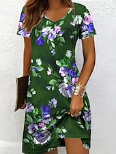 billiga Blommiga klänningar-Dam Mini klänning Vardagsklänning T shirtklänning Solklänning A linjeklänning Semester Ledigt Boho Strand Normal Blommig Grafisk Kortärmad V-hals Rubinrött Blå Purpur Brun Sommar Vår