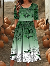 levne Halloweenské šaty-Halloween Dámské Midi Šaty A Linie Šaty Letní Šaty Dovolená Příležitostný Každodenní Svátek Běžné Fit Grafický Zvíře Poloviční Rukáv Kulatý Výstřih Modrá Fialová Zelená Léto Podzim