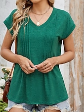 abordables T-shirt uni-Femmes Hauts d&#039;été Couleur Unie Élégant Occasionnel Manche Courte Col en V Hauts Réguliers Quotidien Froncé Vert cendré Noir Blanche Vin Été Printemps