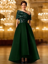 abordables Robes de Soirée-Robe de soirée trapèze à paillettes et cravate noire, élégante, longueur au sol, manches courtes, une épaule, poche, satin extensible avec châle pailleté, 2025