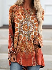 abordables T-shirt Boho-Femmes T-shirt Graphique Géométrique ancien Élégant Classique manche longue Col ras du cou Col rond Hauts Réguliers Quotidien Imprimé Rouge Orange Vert Kaki Printemps Automne