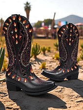 baratos Para mulheres-Botas de cowboy femininas bordadas com chamas pretas - botas retrô de festival até o joelho com salto baixo para festivais de música, fantasias de Halloween e cosplay
