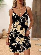 preiswerte Blumenkleid-Damen Minikleid Sommerkleid A Linie Kleid Unterkleid Urlaub Lässig Outdoor Party Täglich Normale Passform Blumen Grafik Abstrakt Ärmellos V Ausschnitt Schwarz Sommer Frühling