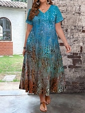 preiswerte Kleider-Damen Übergröße Freizeitkleid Ombre V Ausschnitt Kurzarm Sommer Frühling Mode Modern Lässig Maxikleid Ferien Wochenende Kleid