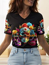 abordables Hauts d&amp;#39;Halloween-Halloween Femmes T-shirt Fleuri Graphique Crâne ancien Élégant Classique Manche Courte Col en V Hauts Réguliers Quotidien Imprimé Noir Orange Gris Été Printemps