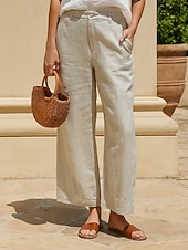 Dámské chino kalhoty s širokými nohavicemi z bavlny a lnu, etnický styl, základní, ležérní, plná délka, střední pas, bez kapes, pohodlné, outdoor, neelastické, ležérní, denní, černá, bílá, zelená, khaki, léto, jaro, regular fit levne Hladké bavlněné plátěné kalhoty-Dámské chino kalhoty s širokými nohavicemi z bavlny a lnu, etnický styl, základní, ležérní, plná délka, střední pas, bez kapes, pohodlné, outdoor, neelastické, ležérní, denní, černá, bílá, zelená, khaki, léto, jaro, regular fit