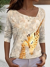 tanie Koszulka ze zwierzętami-Damskie Podkoszulek Graficzny Zwierzę Zabytkowe Codzienny Długi rękaw Asymetryczna szyja Zwykłe topy Codzienny Nadruk Biały Żółty Pomarańczowy Khaki Lato Wiosna Jesień