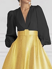 economico Vestiti da sera-Abito da Sera A-Line Nera e Oro con Cravatta Nera Gonna Jacquard Brillante con Cintura Formale Matrimonio Lunghezza a Terra Manica Lunga Collo a V Seta con Tasca e Fessura