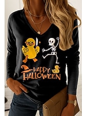 Halloween Women's T Shirt V Neck Long Sleeve Tunic Graphic Skull Duck Elegant Vintage Stylish Regular Tops Daily Going out Weekend Print Black Spring Fall4