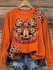 billige Kunst og design topper-halloween damegensere grafisk paisley avslappet langermet rund hals vanlige topper gate hverdagsbruk avslappet trykk gul oransje høst vinter