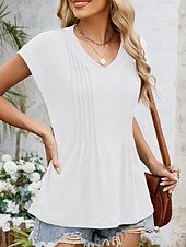 abordables T-shirt uni-Femmes Hauts d&#039;été Couleur Unie Élégant Occasionnel Manche Courte Col en V Hauts Réguliers Quotidien Froncé Vert cendré Noir Blanche Vin Été Printemps