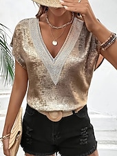 Χαμηλού Κόστους Επίσημες Μπλούζες-Γυναικεία Κομψή Φιλάρεσκος Πούλιες Λαμπερό Πούλιες Κουρελού Σκέτο Μοντέρνα Κοντομάνικο Λαιμόκοψη V Κανονικά μπλουζάκια Καθημερινά Χρυσό Καλοκαίρι