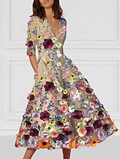 economico Abiti da cocktail-Abito da Cocktail A-Line Floral Elegante Abito Formale Matrimonio Lungo fino alla Caviglia Mezza Manica V Neck Abito Rosa Stretch Crepe con Ricamo e Tasca