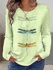 abordables T-shirt Animaux-Pâques Femmes T-shirt Graphique Animal Libellule ancien Élégant Classique manche longue Col ras du cou Col rond Hauts Réguliers Quotidien Imprimé Vert Claire Rose Claire Bleu Ciel Été Printemps