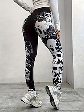 abordables Bas de Halloween-Femmes Leggings Vacances ancien Mode Longueur cheville Taille hautePantsHalloween Graphique Crâne Impression Doux Respirant Élastique Formel Extérieur Vacances Noir Printemps Automne Hiver Coupe Slim