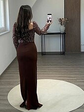 preiswerte Abendkleider-Abendkleid mit schwarzer Krawatte, Perlenbesatz, Spitze, abnehmbarer Überrock, elegantes Kleid, formelle Hochzeit, Schleppe, lange Ärmel, quadratischer Ausschnitt, mit Pailletten und gerüschten Perlen
