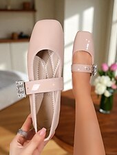 cheap Women&#039;s Flats-Women&#039;s Almond Patent Leather Mary Jane Flats with Rhinestone Buckle  - 1960s Mod Style Comfortable Ballet Shoes for Teens and Ladies, Ideal for School, Parties, and Daily Wear