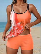 billiga Tankinis-Dam Badkläder Tankini 2 st Hög midja Baddräkt Öppen rygg Semester Standkläder Nyans Blommig U-hals Ärmlös Baddräkter