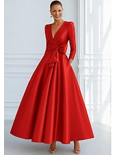 preiswerte Abendkleider-Bind A-Linien Abendkleid Elegantes Kleid Formelle Hochzeitsgast Boden Länge 3/4 Länge Ärmel V-Ausschnitt Tasche Stretch Satin mit Schleife(n)