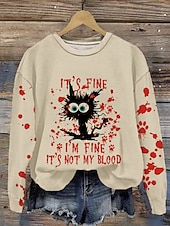 abordables Sweatshirt et Hoodie d&#039;Halloween-Sweat-shirt Halloween femme graphique de chat noir mode abstraite décontractée à manches longues col rond tops réguliers vêtements de rue impression quotidienne blanc beige gris automne hiver