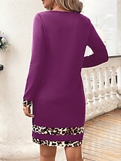 voordelige Gestreepte &amp; Geometrische Jurken-Dames Mini-jurk Schede jurk Casual Dagelijks Normale pasvorm Luipaard Lange mouw Strakke ronde hals Zwart Marineblauw Paars Zomer Winter