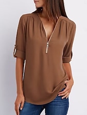 abordables Hauts Unis pour Femmes-Femmes Chemisier Uni Quotidien Demi Manches Col en V Hauts Réguliers Quotidien Fermeture éclair Noir Rose Claire Marron Vert Été Printemps Automne