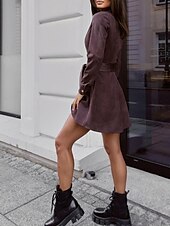 cheap Plain Dress-Women&#039;s Mini Dress Shirt Dress Casual Dress Fashion Modern Daily Beach Weekend Regular Fit Plain Long Sleeve Shirt Collar Red Brown Spring Fall