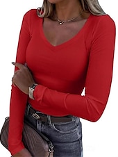 abordables Hauts Unis pour Femmes-Femmes Chemisier Couleur Unie Élégant Basique Occasionnel manche longue Col en V Hauts Réguliers Quotidien Noir Blanche Rouge Bleu Fuchsia Été Printemps