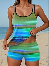 abordables Tankinis-Femmes Maillots de Bain Tankini 2 pièces Taille haute Maillot de bain Dos nu Vacances Tenues de plage A Ombre Graphique Col en U Sans manches Maillots de bain