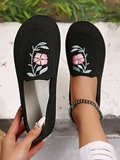 preiswerte Damenhausschuhe und -halbschuhe-Barfußschuhe für Damen mit breiter Zehenpartie – Flyknit-Ballerinas mit Blumenstickerei für Picknicks, Gartenspaziergänge und Sommerausflüge
