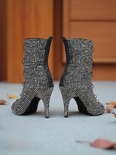 abordables Bottines de danse-Bottines de danse à bout ouvert et strass pour femmes - bottines à talons courts et lacets scintillants pour les spectacles de salon et de scène latins