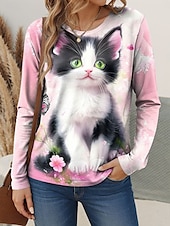 billige Dyrene tee-Dame T skjorte Blomstret Grafisk Katt Årgang Stilfull Klassisk Langermet Crew-hals Vanlige topper Daglig Helg Trykt mønster Rosa Blå Lilla Grønn Vår Høst