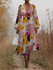 preiswerte Blumenkleid-Damen Midikleid Freizeitkleid Chiffon Schwingkleid Modern Urlaub Täglich Wochenende Normale Passform Blumen Karomuster Langarm V Ausschnitt Rosa Fuchsie Grün Sommer Frühling Herbst