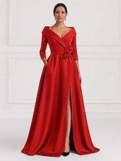 economico Vestiti da sera-Abito da sera A-Line nero e oro abito elegante invitato al matrimonio lunghezza campagna maniche 3/4 colletto camicia tasca satin elasticizzato con fiore sulla spalla