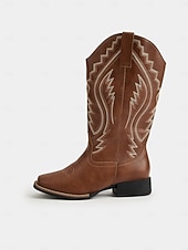 cheap Cowboy &amp; Western Boots-Women's Western Cowboy Boots with Embroidered Stitching – Faux Leather Mid-Calf Boots for Fall Festivals, Farm Work &amp; Country Outfits