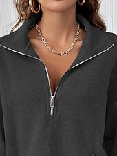 baratos Tops Simples-Mulheres Moletom Tecido Casual Manga Longa Gola Alta Tops regulares Rua Dia a Dia Patchwork Zíper Preto Fúcsia Cinzento Escuro Bege Cinzento Outono Inverno