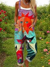 olcso nyomtatott jumpsuit-Női Overall Aktív Grafika Ujjatlan Széles lábszár Nyomtatott Vakáció Utca Laza öltözet Sárga Rubin Medence Nyár