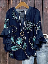 preiswerte Blumenoberteile-Damenbluse V-Ausschnitt Floral Grafik Elegant Bohemia Ethnisch 3/4-Ärmel Reguläre Oberteile Alltag Urlaub Freizeit Rüsche Print Königsblau Blau Helllila Khaki Sommer Frühling Herbst